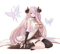 Rule 34 | 1girl, absurdres, black thighhighs, blue eyes, bug, butterfly, granblue fantasy, highres, insect, long hair, long jacket, narmaya (granblue fantasy), pink hair, pointy ears, silou b, sitting, sleeveless, solo, thighhighs, white background