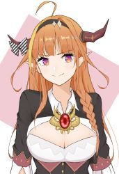 Rule 34 | 1girl, ahoge, black jacket, blonde hair, bow, braid, breasts, brooch, cleavage, cleavage cutout, closed mouth, clothing cutout, collared shirt, commentary, dragon horns, eyelashes, fang, hairband, highres, hololive, horn bow, horn ornament, horns, jacket, jewelry, kiryu coco, kiryu coco (1st costume), koyori000, large breasts, long hair, looking at viewer, multicolored hair, orange hair, pink background, pointy ears, shirt, side braid, sidelocks, simple background, smile, solo, straight hair, streaked hair, striped, striped bow, two-tone hair, upper body, virtual youtuber, white background, white shirt, wing collar