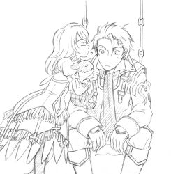Rule 34 | 1boy, 1girl, alvin (tales), boots, bow, coat, ascot, dress, elize lutus, closed eyes, frills, greyscale, heart, imminent kiss, lineart, monochrome, monochrome, ribbon, senri878, short hair, tales of (series), tales of xillia, teepo (tales), white background