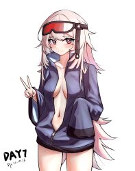 Rule 34 | 1girl, absurdres, arknights, blush, breasts, commentary request, dated, gaoling gangqin, goggles, goggles on head, highres, jacket, long hair, looking at viewer, medium breasts, mulberry (arknights), naked jacket, navel, partially unzipped, simple background, sleeves past fingers, sleeves past wrists, smile, solo, v, very long hair, white background, white hair