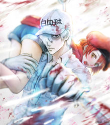 Rule 34 | 10s, 1boy, 1girl, ae-3803, ahoge, baseball cap, black eyes, blood, blood on clothes, blood on hands, blush, cabbie hat, carrying, carrying over shoulder, denim, denim shorts, fighting, gloves, hair over one eye, hat, hataraku saibou, jacket, knife, looking at viewer, looking back, md5 mismatch, motion blur, open mouth, rairiary, red blood cell (hataraku saibou), red hair, red hat, red jacket, resolution mismatch, shirt, short hair, shorts, source smaller, u-1146, uniform, white blood cell (hataraku saibou), white gloves, white hair, white hat, yellow eyes