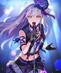 Rule 34 | 1girl, answer (l c123), bad id, bad pixiv id, bang dream!, belt, belt buckle, black gloves, breasts, buckle, chain, commentary request, cross-laced clothes, cross-laced skirt, cross-laced top, flower, gloves, hair flower, hair ornament, hair ribbon, highres, holding, holding microphone, light purple hair, looking at viewer, microphone, midriff, minato yukina, navel, open mouth, ribbon, roselia (bang dream!), serious, skirt, sleeveless, sleeveless jacket, small breasts, solo, yellow eyes