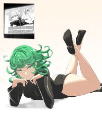 Rule 34 | 1girl, ahoge, black dress, black footwear, breasts, closed mouth, collared dress, commentary, curly hair, dress, elbow rest, english commentary, feet up, green eyes, green hair, head rest, high heels, highres, long sleeves, looking at viewer, lying, on stomach, one-punch man, pomelomelon, reference inset, short hair, side slit, simple background, small breasts, smile, solo, tatsumaki