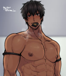 Rule 34 | 1boy, abs, arash (fate), arima (arima bn), bara, black hair, blush, condom, condom in mouth, dark-skinned male, dark skin, fate/grand order, fate/prototype, fate/prototype: fragments of blue and silver, fate (series), large pectorals, looking at viewer, male focus, mouth hold, muscular, nipples, pectorals, smile, solo, topless male, twitter username, upper body