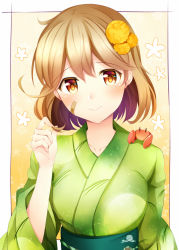 Rule 34 | 10s, 1girl, adapted costume, alternate costume, bandaid, bandaid on face, brown eyes, brown hair, closed mouth, commentary request, cowboy shot, crab on shoulder, eyebrows, hair ornament, hand up, japanese clothes, kantai collection, kimono, looking at viewer, matching hair/eyes, obi, oboro (kancolle), rui shi (rayze ray), sash, short hair, solo, upper body