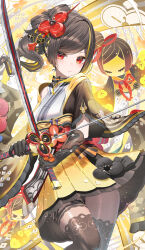 Rule 34 | 1girl, absurdres, asymmetrical sidelocks, black gloves, black hair, black pantyhose, blonde hair, breasts, chiori (genshin impact), closed mouth, dress, drill hair, drill ponytail, genshin impact, gloves, hair ornament, highres, holding, holding sword, holding weapon, japanese clothes, kimono, kiramarukou, looking at viewer, medium breasts, multicolored hair, pantyhose, red eyes, short sleeves, side ponytail, solo, streaked hair, sword, tamoto (genshin impact), two-tone hair, weapon, yellow dress