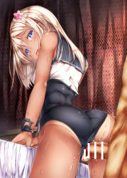 Rule 34 | 10s, 1boy, 1girl, ass, bar censor, bare arms, bare shoulders, bed, blonde hair, blush, censored, clothing aside, crop top, flower, from behind, hair between eyes, hair flower, hair ornament, hetero, highres, kantai collection, long hair, looking at viewer, looking back, one-piece swimsuit, open mouth, penis, purple eyes, pussy, pussy juice, ro-500 (kancolle), sailor collar, school swimsuit, sex, solo focus, standing, sugiyuu, sweat, swimsuit, swimsuit aside, swimsuit under clothes, tan, tanline, tears, teeth, vaginal