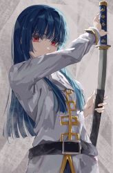 Rule 34 | 1girl, ascot, belt, belt buckle, black belt, blue hair, blunt bangs, buckle, commentary, commentary request, covered mouth, gintama, highres, hime cut, holding, holding sheath, holding sword, holding weapon, imai nobume, jacket, katana, komura hiroto, long hair, looking at viewer, military uniform, red eyes, sheath, simple background, solo, sword, uniform, unsheathing, weapon, white ascot, white jacket