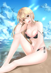 Rule 34 | 1girl, :d, absurdres, bare arms, bare legs, bare shoulders, barefoot, beach, bikini, black bikini, blonde hair, blue sky, blush, bow, breasts, brown eyes, cloud, collarbone, commentary request, day, earrings, feet out of frame, frilled bikini, frills, green bow, hair between eyes, hair bow, hand in own hair, hand up, head tilt, highres, jewelry, karineko, kirisame marisa, knee up, long hair, looking at viewer, medium breasts, navel, no headwear, open mouth, outdoors, side-tie bikini bottom, sitting, sky, smile, solo, stomach, strap slip, swimsuit, thighs, touhou, translation request, water