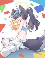 Rule 34 | 1girl, absurdres, animal ears, ass, black hair, blue archive, blue eyes, cheerleader, crop top, dog ears, dog girl, dog tail, extra ears, goggles, goggles on head, halo, hibiki (blue archive), hibiki (cheer squad) (blue archive), highres, holding, holding pom poms, looking at viewer, looking back, millennium cheerleader outfit (blue archive), mmhomm, official alternate costume, open mouth, panties, pantyshot, pom pom (cheerleading), pom poms, ponytail, shoes, skirt, sneakers, solo, star sticker, sticker on arm, sticker on face, tail, underwear, wavy mouth, wedgie, white footwear, white panties, white skirt, yellow halo