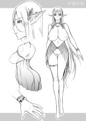 Rule 34 | 1girl, ass, bracelet, breasts, closed mouth, concept art, eireen (usagi nagomu), elf, female pubic hair, greyscale, hair down, hair ornament, highres, huge breasts, jewelry, long hair, looking at viewer, monochrome, multiple views, nipples, nude, original, parted bangs, parted lips, pearl bracelet, pointy ears, pubic hair, pussy, scan, standing, thigh gap, thighhighs, usagi nagomu, very long hair