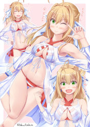Rule 34 | 1girl, :d, ;), absurdres, ahoge, arm at side, ayakase hotaru, bare shoulders, bead bracelet, beads, bikini, blonde hair, blush, bracelet, braid, breasts, cleavage, closed eyes, closed mouth, clothing cutout, collarbone, commentary request, cowboy shot, criss-cross halter, dress, earrings, fate/grand order, fate (series), fingernails, french braid, gluteal fold, gown, green eyes, hair intakes, hair ornament, hair ribbon, halterneck, hand to head, hands on own hips, hands up, highres, jewelry, large breasts, leg up, long fingernails, long hair, looking at viewer, multiple views, nail polish, navel, nero claudius (fate), nero claudius (fate) (all), nero claudius (swimsuit caster) (fate), nero claudius (swimsuit caster) (third ascension) (fate), one eye closed, open mouth, red bikini, red nails, ribbon, scrunchie, short sleeves, shoulder cutout, side-tie bikini bottom, sidelocks, smile, standing, standing on one leg, striped bikini, striped clothes, swimsuit, thigh gap, translation request, twintails, white ribbon, wide sleeves, wrist scrunchie