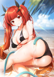 Rule 34 | 1girl, ahoge, ass, azur lane, beach, bikini, black bikini, black ribbon, blue sky, blurry, blurry background, blush, breasts, cleavage, cloud, collarbone, curvy, day, frown, hair ribbon, honolulu (azur lane), honolulu (summer accident?!) (azur lane), hose, huge ass, large breasts, legs, long hair, looking at viewer, lying, macchiato (jae-min cho), ocean, outdoors, palm leaf, red eyes, red hair, ribbon, sand, sidelocks, skindentation, sky, solo, sunlight, swimsuit, thick thighs, thighs, twintails, twitter username, very long hair, water, wet, wide hips