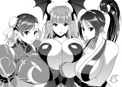 Rule 34 | 3girls, bad id, bad pixiv id, bare shoulders, breast hold, breast press, breasts, bun cover, capcom, china dress, chinese clothes, chun-li, cleavage, cosine, demon girl, double bun, dress, earrings, fatal fury, greyscale, hair ribbon, head wings, huge breasts, jewelry, large breasts, long hair, monochrome, morrigan aensland, multiple girls, ponytail, ribbon, shiranui mai, short hair, sideboob, street fighter, the king of fighters, vampire (game), wings