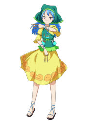 Rule 34 | 1girl, anime coloring, apron, arm up, between fingers, blue hair, cato (monocatienus), commentary request, dress, expressionless, full body, green headwear, haniyasushin keiki, head tilt, holding, hood, long hair, looking at viewer, magatama, purple eyes, ribbon, sandals, simple background, sleeves past elbows, solo, tools, touhou, white background, wrist ribbon, yellow dress