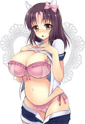 Rule 34 | 1girl, :o, bad id, bad pixiv id, blush, bow, bra, breast suppress, breasts, brown eyes, brown hair, cameltoe, cleavage, clothes lift, clothes pull, cow girl, cow horns, curvy, frilled bra, frilled panties, frills, hair bow, hands on own chest, horns, large breasts, looking at viewer, multicolored hair, open mouth, panties, pink bra, pink hair, pink panties, shiawase usagi, shirt lift, shorts, shorts pull, side-tie panties, solo, two-tone hair, underwear, undressing, wide hips