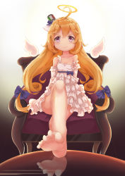 Rule 34 | 1girl, absurdres, ahoge, bare legs, barefoot, blonde hair, blue sash, bow, camicia nera (warship girls r), chair, closed mouth, collarbone, crossed legs, detached sleeves, dress, feet, foot focus, frills, gathers, gradient background, hair bow, hair ornament, halo, highres, ice laozei, long hair, looking at viewer, off shoulder, outstretched leg, pointy ears, pov, purple eyes, reflection, sash, sitting, smile, soles, solo, star-shaped pupils, star (symbol), symbol-shaped pupils, toes, warship girls r, white dress