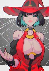 Rule 34 | 1girl, bare shoulders, black gloves, black hair, breasts, cleavage, fingerless gloves, gloves, green eyes, guilty gear, guilty gear xx, hat, highres, i-no, large breasts, looking at viewer, medium hair, mole, mole above mouth, red hat, red lips, red nails, sketch, witch hat, yohane shimizu