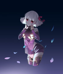 Rule 34 | 1girl, armor, artist request, bare shoulders, bikini armor, blue background, breasts, collar, detached sleeves, dress, fate/grand order, fate (series), floral print, gradient background, hair ribbon, hands on own cheeks, hands on own face, highres, jewelry, kama (fate), kama (first ascension) (fate), looking at viewer, metal collar, miniskirt, petals, pink ribbon, purple dress, purple skirt, purple sleeves, purple thighhighs, ribbon, ring, short hair, silver hair, skirt, small breasts, solo, thighhighs, thighlet, thighs