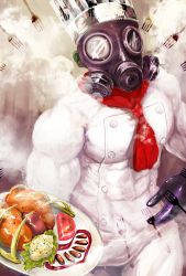 Rule 34 | 1boy, bad id, bad pixiv id, chef, chef hat, cook, food, fork, gas mask, gradient background, hat, highres, male focus, mask, original, reito6, solo