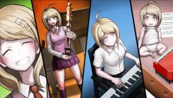 Rule 34 | 1girl, aged down, ahoge, akamatsu kaede, baby, barefoot, blonde hair, closed eyes, danganronpa (series), danganronpa v3: killing harmony, excited, feet, fortissimo, game cg, grand piano, hair ornament, highres, holding, holding trophy, instrument, musical note, musical note hair ornament, necktie, official art, on floor, orange neckwear, piano, sheet music, shirt, sitting, smile, soles, toes, trophy