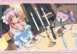 Rule 34 | 00s, 1girl, blue eyes, candle, candlestand, copyright name, cup, dress, dutch angle, elbow gloves, flower, food, fork, formal, galaxy angel, gloves, hat, highres, indoors, knife, looking at viewer, milfeulle sakuraba, normad, official art, pink hair, puffy sleeves, rose, suit, table, vase