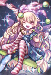Rule 34 | 1girl, american flag dress, american flag legwear, blonde hair, clownpiece, dress, earrings, fairy wings, fire, hat, highres, jester cap, jewelry, long hair, looking at viewer, neck ruff, one eye closed, open mouth, pantyhose, pointy ears, polka dot, purple eyes, sanso, short dress, short sleeves, sitting, smile, solo, star-shaped pupils, star (symbol), star earrings, star print, striped, swing, symbol-shaped pupils, torch, touhou, very long hair, wings, wrist cuffs