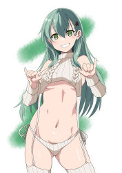Rule 34 | 1girl, \m/, aqua hair, breasts, cropped sweater, detached sleeves, double \m/, garter straps, green eyes, grin, hair ornament, hairclip, highres, hinase (jet hearts), kantai collection, long hair, looking at viewer, medium breasts, meme attire, panties, ribbed legwear, ribbed panties, ribbed sleeves, ribbed sweater, ribbed thighhighs, side-tie panties, sleeveless, sleeveless sweater, sleeveless turtleneck, smile, solo, standing, suzuya (kancolle), sweater, turtleneck, turtleneck sweater, underwear, virgin destroyer sweater, white garter straps, white panties, white sweater