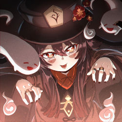 Rule 34 | 1girl, :d, :p, bad id, bad pixiv id, black hair, black nails, chinese clothes, commentary request, flower, genshin impact, ghost, ghost pose, hair between eyes, hat, hat flower, hat ornament, highres, hitodama, hu tao (genshin impact), jewelry, lhofi, long hair, long sleeves, looking at viewer, nail polish, open mouth, orange eyes, ring, sidelocks, smile, symbol-shaped pupils, tongue, tongue out, twintails