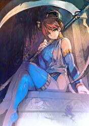 Rule 34 | 1girl, blue leotard, blue sleeves, blue thighhighs, blurry, breasts, brown eyes, closed mouth, collar, crossed legs, depth of field, detached sleeves, frog, from software, gold collar, gold trim, hand up, highres, holding, holding scythe, horns, kondou totetsu, large breasts, leotard, looking at viewer, painterly, red hair, robe, rurufon, scythe, shadow tower, short hair, single bare shoulder, sitting, solo, stone wall, thighhighs, thighs, wall, white robe