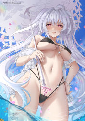Rule 34 | 1girl, ahoge, alternate costume, bare shoulders, bikini, black bikini, breasts, cleavage, fate/grand order, fate (series), frills, highleg, highleg bikini, highres, lady avalon (fate), lady avalon (second ascension) (fate), licking lips, long hair, looking at viewer, medium breasts, merlin (fate/prototype), navel, parasol, pubic tattoo, purple eyes, ryuuneart, smile, solo, swimsuit, tattoo, thighs, tongue, tongue out, umbrella, very long hair, white hair