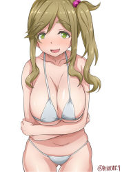 Rule 34 | 1girl, arinotowatari, blush, breast hold, breasts, crossed arms, eyebrows, green eyes, green hair, inuyama aoi, large breasts, leaning forward, ponytail, side ponytail, smile, solo, stomach, thick eyebrows, yurucamp