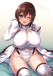 Rule 34 | 1girl, blue eyes, blush, breasts, brown hair, commission, covered navel, dated, hair between eyes, highleg, highleg leotard, jacket, konshin, large breasts, leotard, one eye closed, open clothes, open jacket, open mouth, original, short hair, sitting, skeb commission, solo, thighhighs, water, wet, white thighhighs