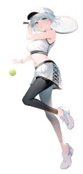 Rule 34 | 1girl, alternate costume, artist request, ball, bare shoulders, blue eyes, blush, breasts, full body, highres, holding, holding racket, medium breasts, navel, racket, shoes, siesta (tantei wa mou shindeiru), silver hair, simple background, sneakers, solo, sportswear, tantei wa mou shindeiru, tennis, tennis ball, tennis racket, tennis uniform, third-party source, umibouzu (niito), visor cap, white background, wristband