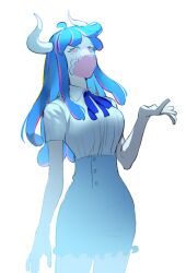 Rule 34 | 1girl, ahoge, blue hair, blue ribbon, blue skirt, collared shirt, covered mouth, curled horns, dinosaur girl, horns, long hair, mask, mouth mask, multicolored hair, one piece, pink eyes, pink hair, pink mask, raine (acke2445), ribbon, shirt, shirt tucked in, skirt, solo, streaked hair, ulti (one piece), white background, white shirt