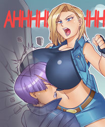 Rule 34 | 1boy, 1girl, absurdres, android 18, between breasts, blonde hair, blue eyes, breasts, dragon ball, face between breasts, fingerless gloves, trunks (future) (dragon ball), gloves, head between breasts, highres, huge breasts, jacket, nauth, open mouth, short hair, tagme