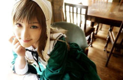 Rule 34 | asian, brown hair, chair, cosplay, cosplay photo, dress, get, green dress, green ribbon, heterochromia, indoors, long hair, long sleeves, looking at viewer, lowres, maid, neck ribbon, photo (medium), ribbon, rozen maiden, skirt, solo, suiseiseki, table, veil, white veil, wooden chair, wooden floor, wooden table