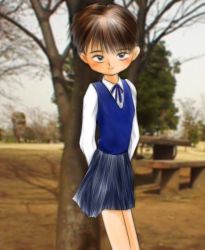 Rule 34 | 1girl, arms behind back, bench, black eyes, blue neckwear, blue sweater vest, blush, bow, bowtie, brown hair, grass, grey skirt, long sleeves, looking at viewer, school uniform, shirt, short hair, skirt, sky, smile, standing, studio abuno culture, sweater, sweater vest, table, tree, white shirt