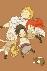 :o animal animal_on_chest arm_behind_head belt black_hair brown_belt cat glasses hero highres hoozuki_suigetsu juugo_(naruto) karin_(naruto) laying_on_animal lying multiple_boys naruto_(series) naruto_shippuuden on_back on_side orange_hair purple_shirt red_hair sharp_teeth shirt short_shorts shorts simple_background sleeping spiked_hair teeth uchiha_sasuke white_hair