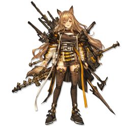 Rule 34 | 1girl, animal ears, ankle strap, arknights, axe, baggy clothes, boots, breasts, brown dress, brown footwear, buckle, ceobe (arknights), dog ears, dog tail, dress, hair between eyes, holding, holding weapon, jacket, large breasts, light brown hair, lm7 (op-center), long hair, looking at viewer, material growth, multicolored clothes, multicolored jacket, multiple straps, multiple swords, multiple weapons, official art, open clothes, open jacket, oripathy lesion (arknights), red eyes, shoulder pads, sidelocks, snap-fit buckle, solo, staff, straight-on, tachi-e, tail, thigh boots, thighhighs, transparent background, very long hair, weapon