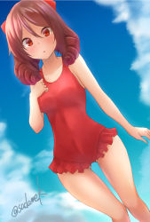 Rule 34 | 1girl, blue sky, bow, breasts, brown hair, casual one-piece swimsuit, cloud, commentary request, cowboy shot, dress swimsuit, drill hair, frilled swimsuit, frills, gluteal fold, hair bow, harukaze (kancolle), highres, kamijou sadame, kantai collection, looking at viewer, one-hour drawing challenge, one-piece swimsuit, red bow, red eyes, red one-piece swimsuit, sky, small breasts, solo, swimsuit, twin drills, twitter username