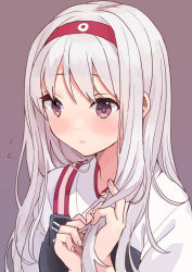 Rule 34 | 1girl, commentary request, commission, grey background, hairband, headband, holding, holding own hair, japanese clothes, kantai collection, long hair, mitsuyo (mituyo324), muneate, red headband, shoukaku (kancolle), simple background, solo, tasuki, upper body, white hair