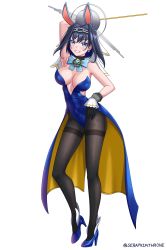 Rule 34 | 1girl, absurdres, animal ears, arm behind head, arm up, armpits, bare shoulders, black gloves, black hair, black pantyhose, blue bow, blue bowtie, blue eyes, blue footwear, blue leotard, blush, bow, bowtie, breasts, chain, cleavage, clock, detached collar, earrings, fake animal ears, full body, gloves, hair between eyes, hair intakes, halo, heart, high heels, highres, hololive, hololive english, jewelry, large breasts, leotard, looking at viewer, mechanical, ouro kronii, pantyhose, playboy bunny, rabbit ears, seraphim throne, short hair, simple background, smile, solo, strapless, strapless leotard, teeth, thighband pantyhose, twitter username, veil, virtual youtuber, white background
