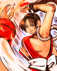 Rule 34 | 1girl, absurdres, breasts, fatal fury, fire, highres, large breasts, open mouth, ponytail, shiranui mai, solo