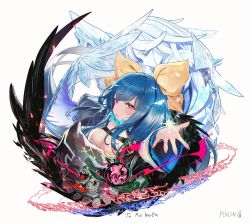 Rule 34 | 1boy, 2girls, angel wings, arc system works, artist name, asymmetrical wings, belt, blue eyes, blue hair, breasts, cleavage, dizzy (guilty gear), energy, fingernails, guilty gear, guilty gear xrd, hair ribbon, ice, large breasts, long hair, magic, magic circle, mature female, monster girl, multiple girls, necro (guilty gear), outstretched arm, pinion, red eyes, ribbon, simple background, skull, twintails, undine (guilty gear), white background, wings, yellow ribbon