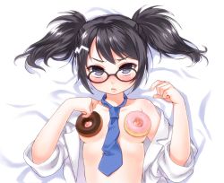 Rule 34 | 1girl, :&lt;, bare shoulders, black eyes, black hair, blush, breasts, doughnut, food, food on body, glasses, lying, necktie, nipples, open clothes, open shirt, pop&#039;n music, root@chou dou-ken, shirt, shouni (sato3), sleeves rolled up, small breasts, solo, twintails