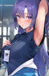 Rule 34 | 1girl, armpit peek, armpits, black shirt, blue archive, blue jacket, blush, breasts, gym shirt, gym uniform, id card, jacket, jacket partially removed, lanyard, long hair, looking at viewer, medium breasts, official alternate costume, partially unzipped, ponytail, presenting armpit, purple eyes, purple hair, shirt, short sleeves, solo, star (symbol), star sticker, steam, sticker, sticker on face, sweat, track jacket, yuuka (blue archive), yuuka (track) (blue archive), yuyu (yuyuworks)