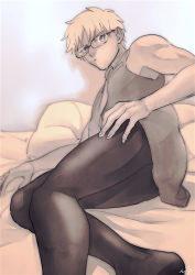 Rule 34 | 1boy, archer (fate), ass, bare shoulders, bed, bespectacled, cosplay, crossdressing, dark skin, dark-skinned male, fate/grand order, fate (series), glasses, legs, lying, male focus, mash kyrielight, mash kyrielight (cosplay), monochrome, necktie, nishiyama (whatsoy), on side, pantyhose, solo