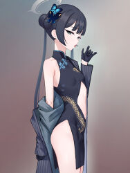 Rule 34 | 1girl, absurdres, aoi riko, black dress, black gloves, black hair, blue archive, breasts, butterfly hair ornament, china dress, chinese clothes, clothing cutout, coat, dcinside (website), dragon print, dress, fellatio gesture, gloves, grey eyes, hair bun, hair ornament, halo, highres, kisaki (blue archive), long hair, long sleeves, looking at viewer, open clothes, open coat, oral invitation, pelvic curtain, second-party source, simple background, sleeveless, sleeveless dress, small breasts, solo, stomach cutout, striped, striped coat, tongue, twintails