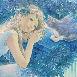 Rule 34 | 1girl, animal, blonde hair, blue eyes, cat, commentary request, dress, head rest, highres, oil painting (medium), original, painting (medium), plant, ringodrawing, smile, solo, traditional media, upper body, veil, white dress